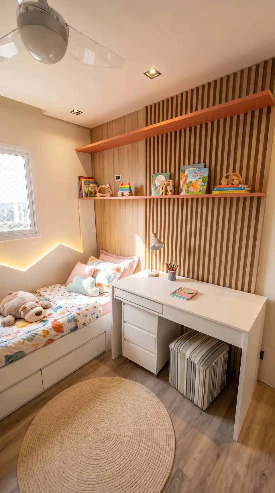 Quarto infantil com painel ripado de madeira, prateleiras laranja, cama com gavetas e escrivaninha