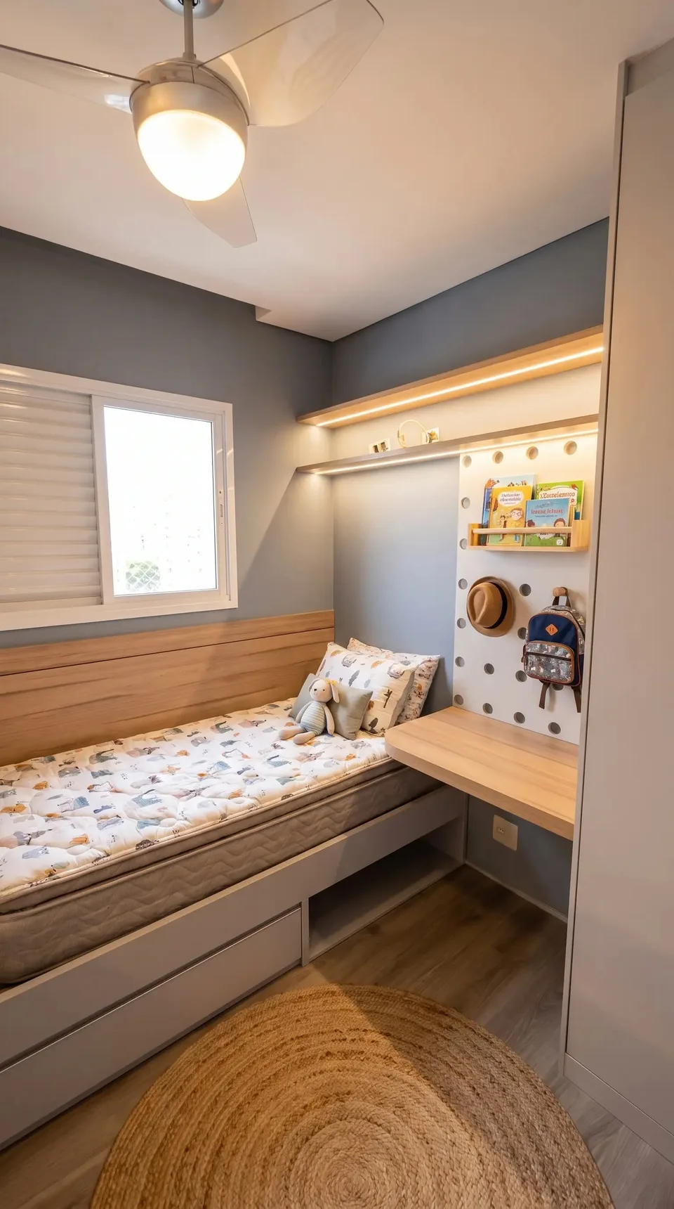 Quarto infantil com cabeceira de madeira, painel perfurado e bancada de estudos