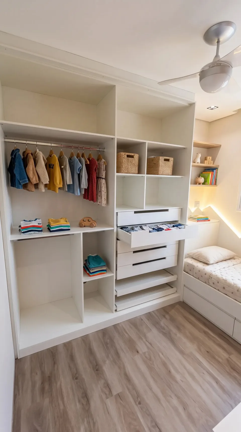 Guarda-roupa infantil aberto com cabideiro, nichos e gavetas