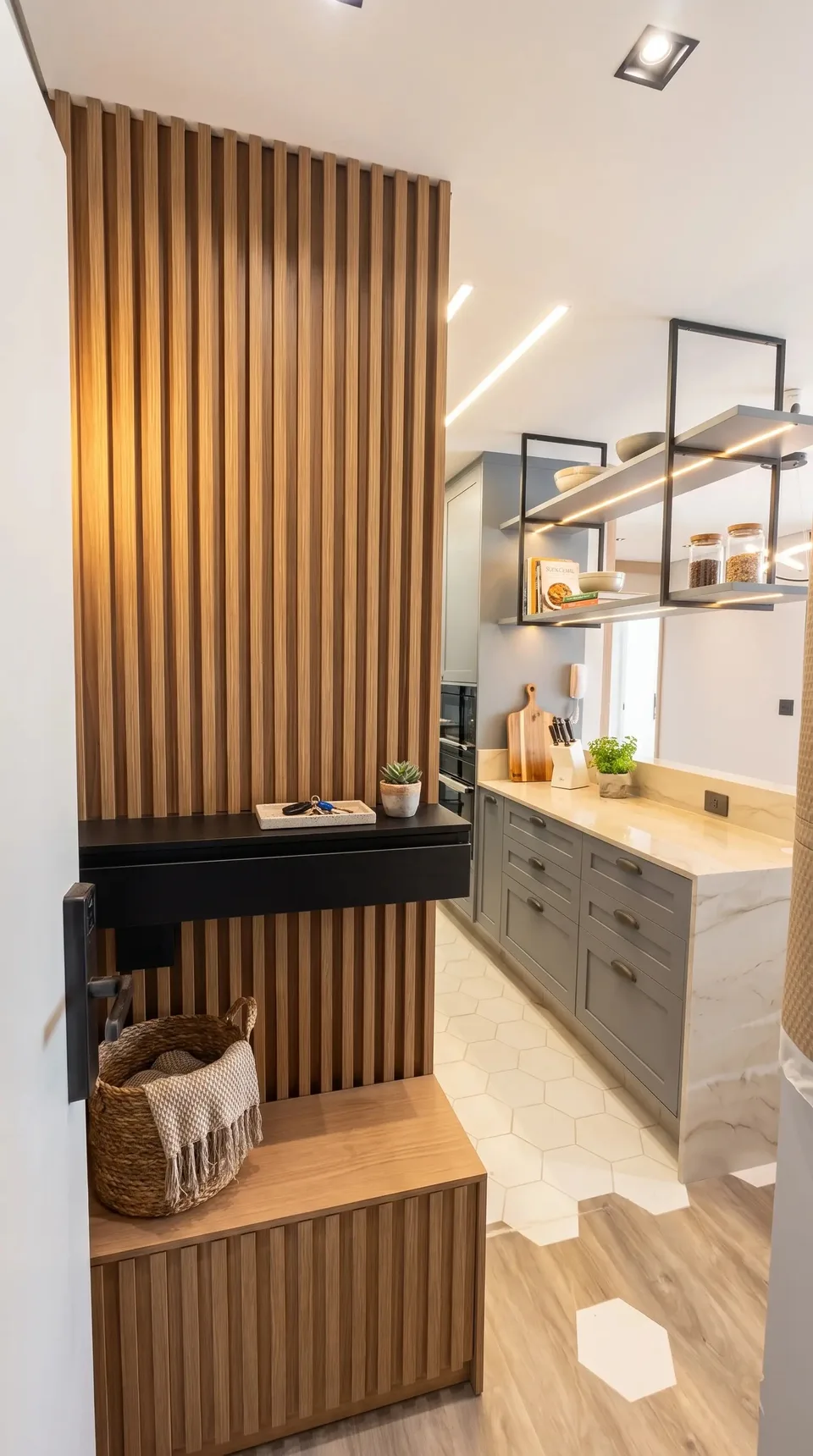 Entrada com painel ripado de madeira, aparador preto e banco ripado, aberta para a cozinha cinza