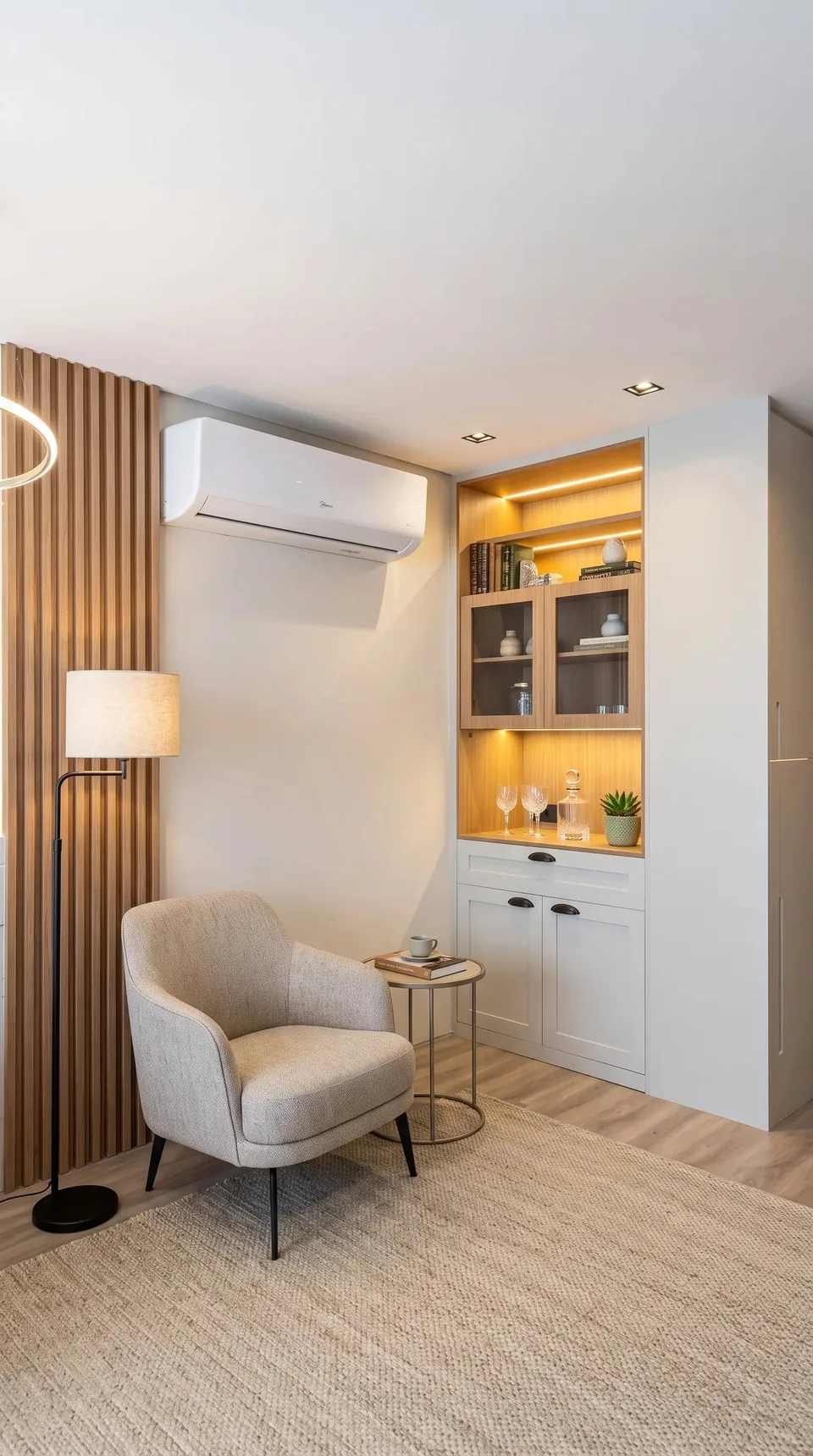 Estar com painel ripado, nicho de bar iluminado e armários brancos de portas com moldura