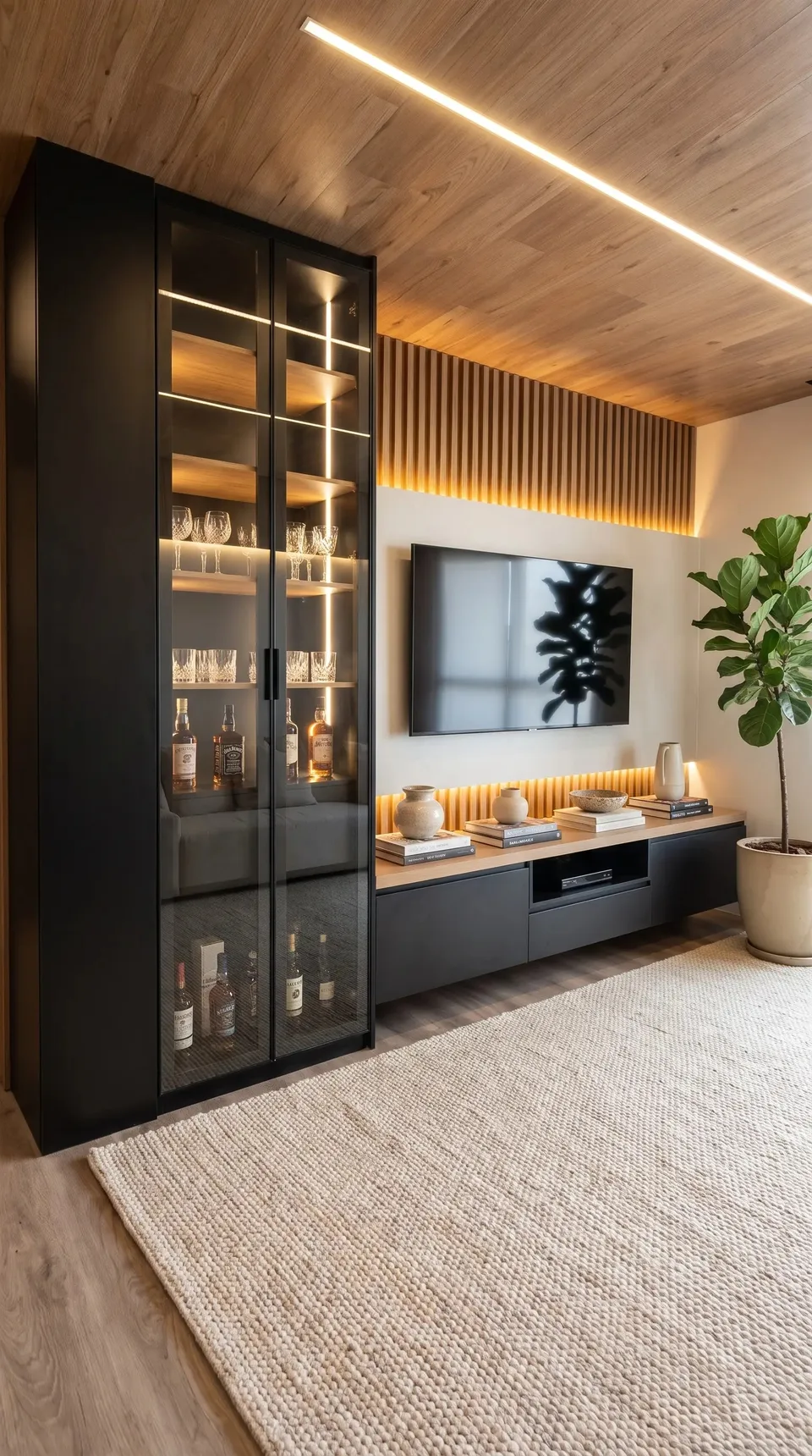 Sala com cristaleira preta de portas de vidro, painel ripado iluminado e rack suspenso com tampo de madeira