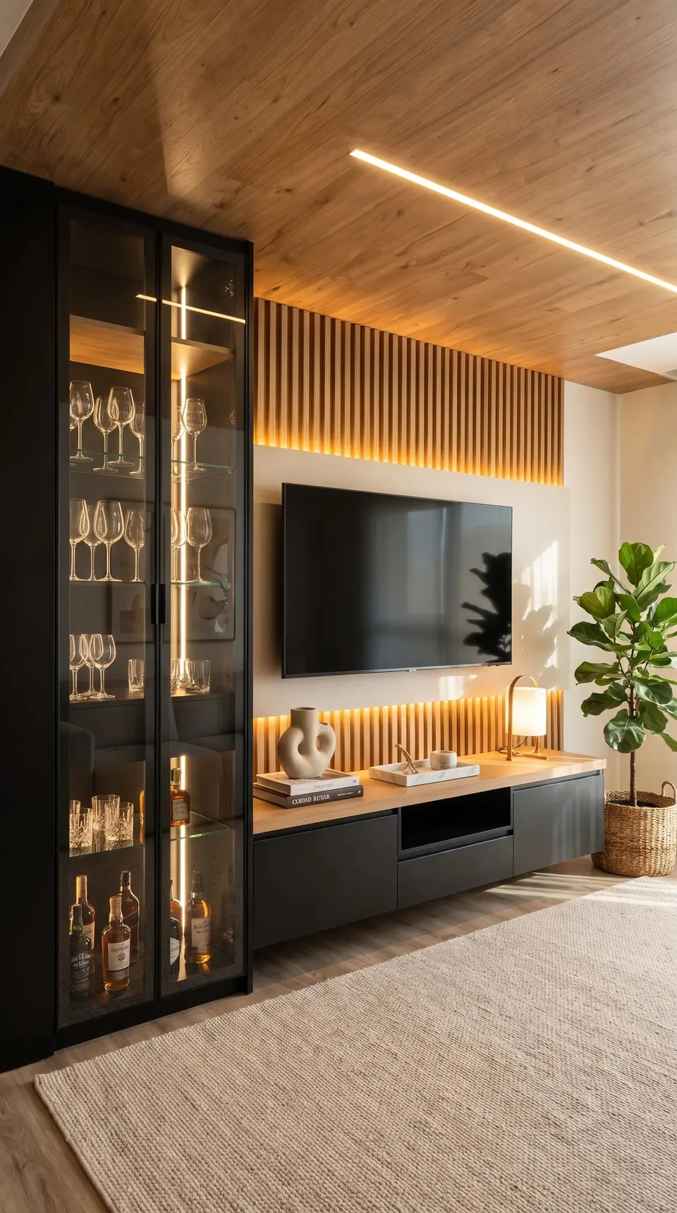 Painel de TV com ripado de madeira iluminado e rack preto com nicho