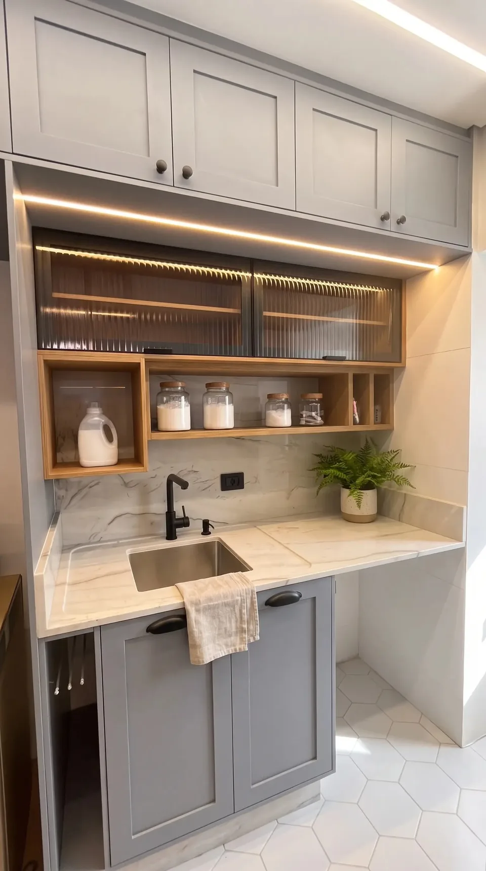 Área de serviço com armários cinza, cuba de inox, nichos de madeira e armário de vidro canelado com LED