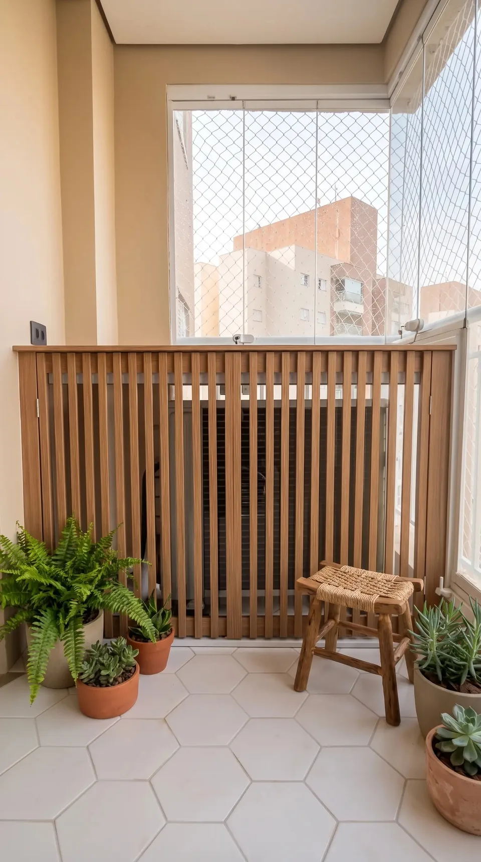 Varanda técnica com painel ripado de madeira escondendo as condensadoras do ar-condicionado